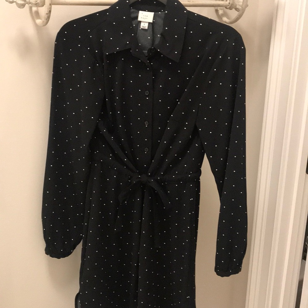 Black and white polka dot cinched waist tie dress